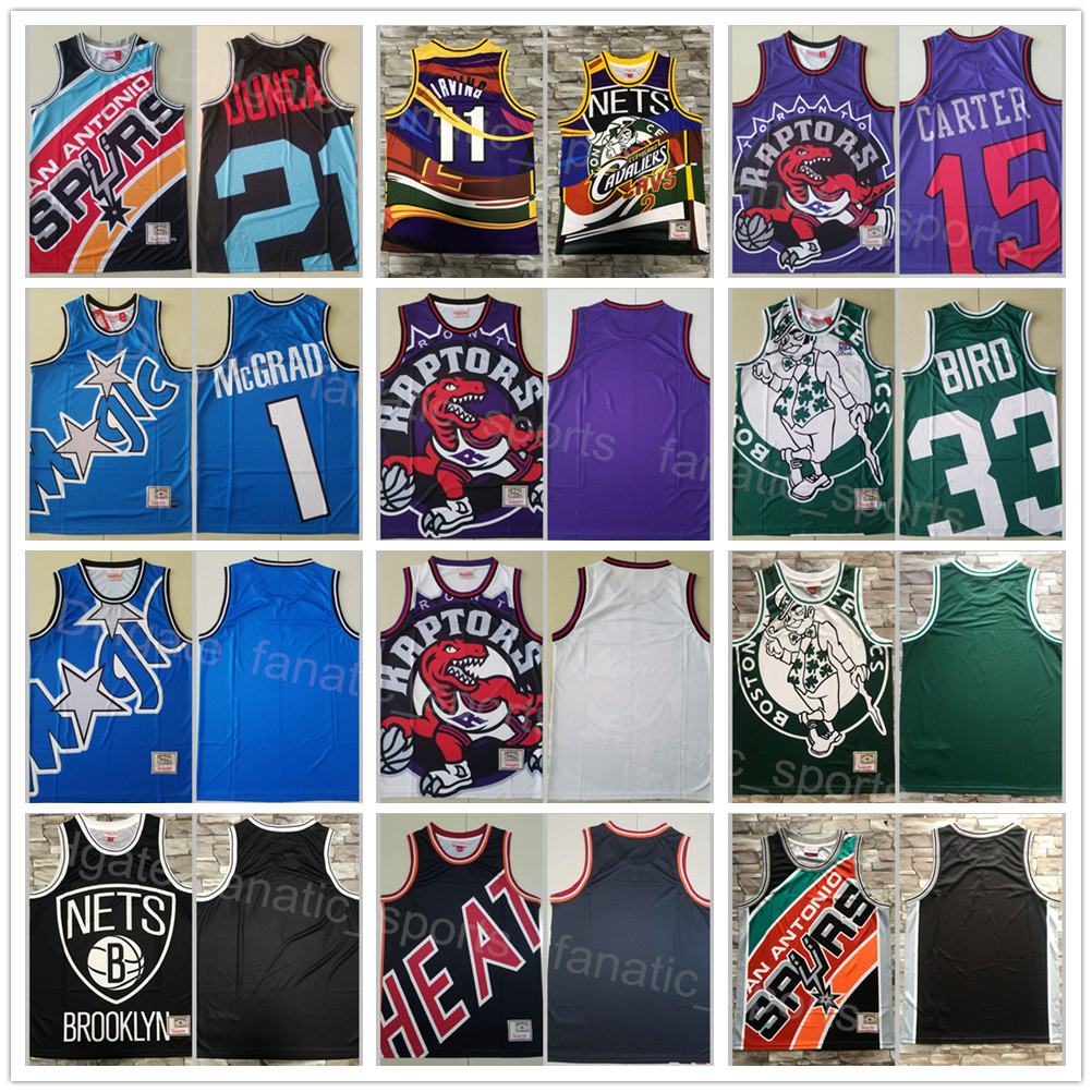 

Vintage Mitchell and Ness Basketball Tim Duncan Retro Jersey 21 Larry Bird 33 Vince Carter 15 Tracy McGrady 1 Kyrie Irving 11 Black White Green Purple Blue Big Team