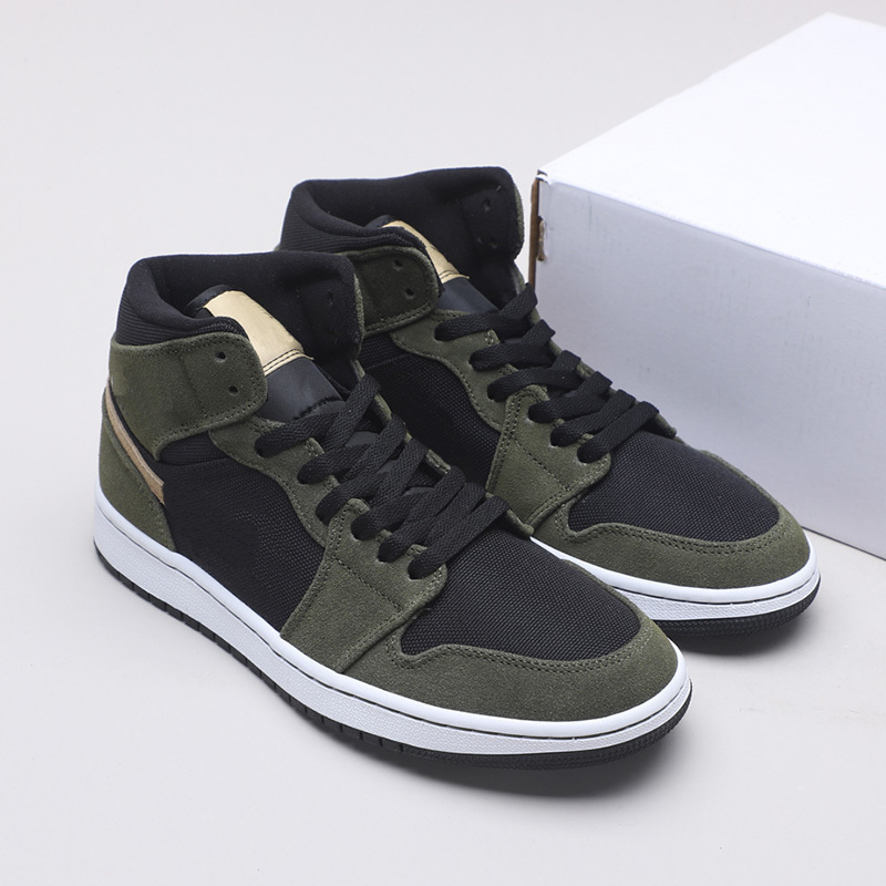 

Shoes Jumpman 1 Mid olive-green Basketball 1s Designer Sport running, Bubble wrap packaging