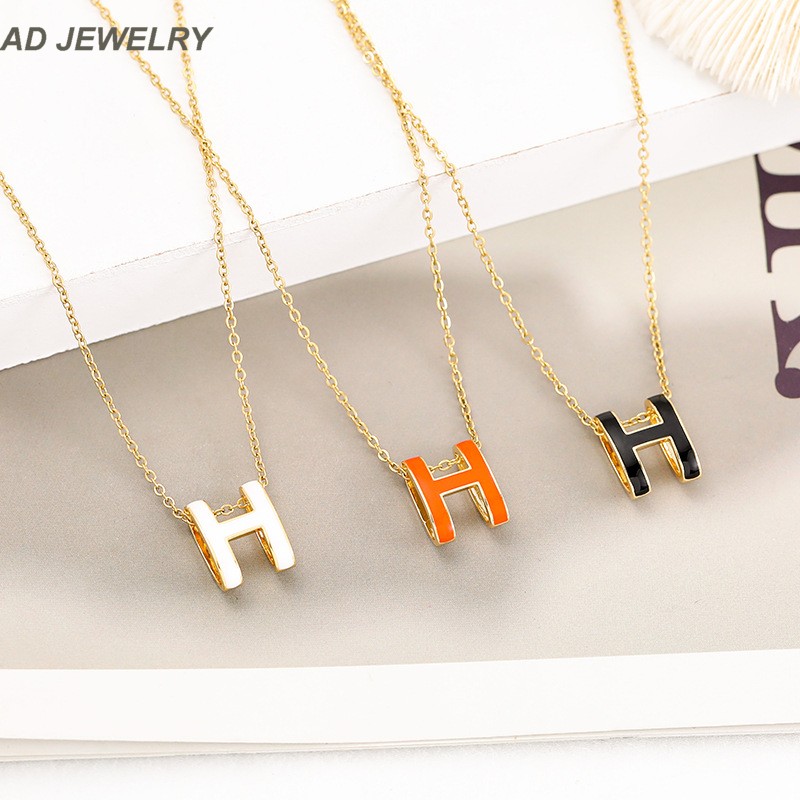 New Luxury Enameled H Pendant Stainless Steel Necklace Jewelry for Women Gift-image-757157727