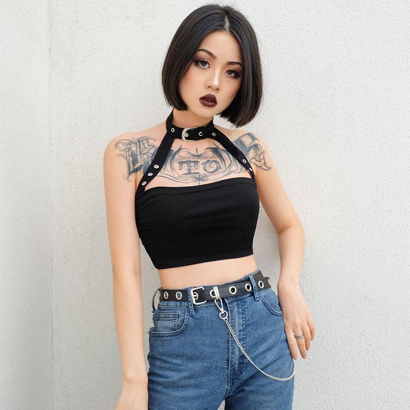 

Women' Tanks & Camis JIEZuoFang Gothic Punk Buckle Belt Harness Halter Tank Short Vest Cotton Bustier Bralette Cropped Off Shoulder Backles, Black