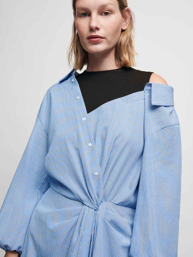 

Casual Dresses Striped Blue Shirt Dress 2022 Summer Fake Two-piece Color Matching Waist Single-breasted Long-sleeved WomenCasual