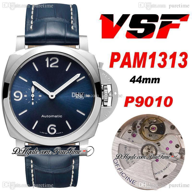 

VSF 44mm VS1313 P.9010 P9010 Automatic Mens Watch Steel Case Blue Dial Blue Hands Leather Strap With White Line Super Edition PTPM Puretime