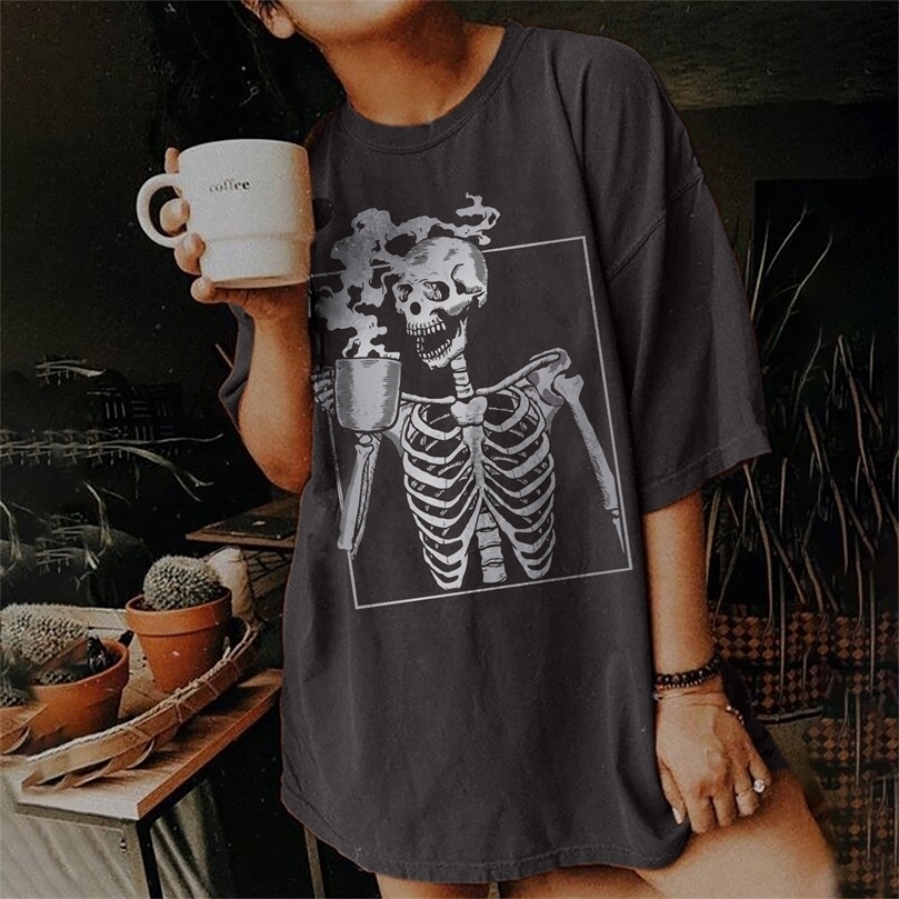 

Harajuku Drop Shoulder T-shirt Women Tea-drinking Skull Skeleton Funny Tee Half Plus Size Hip Hop Summer Punk Clothes 220407, White