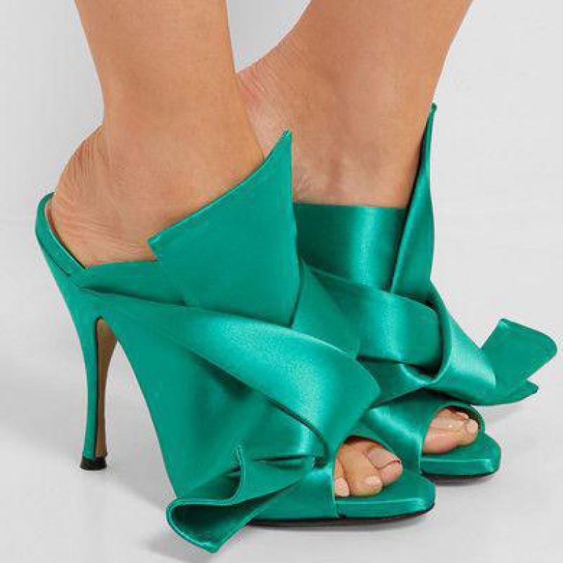 

Slippers Sexy Summer Women Solid Color Silk Cloth Big Butterfly-knot High Heels Sandals Party Shoes Sandal Slides Pumps, Beige