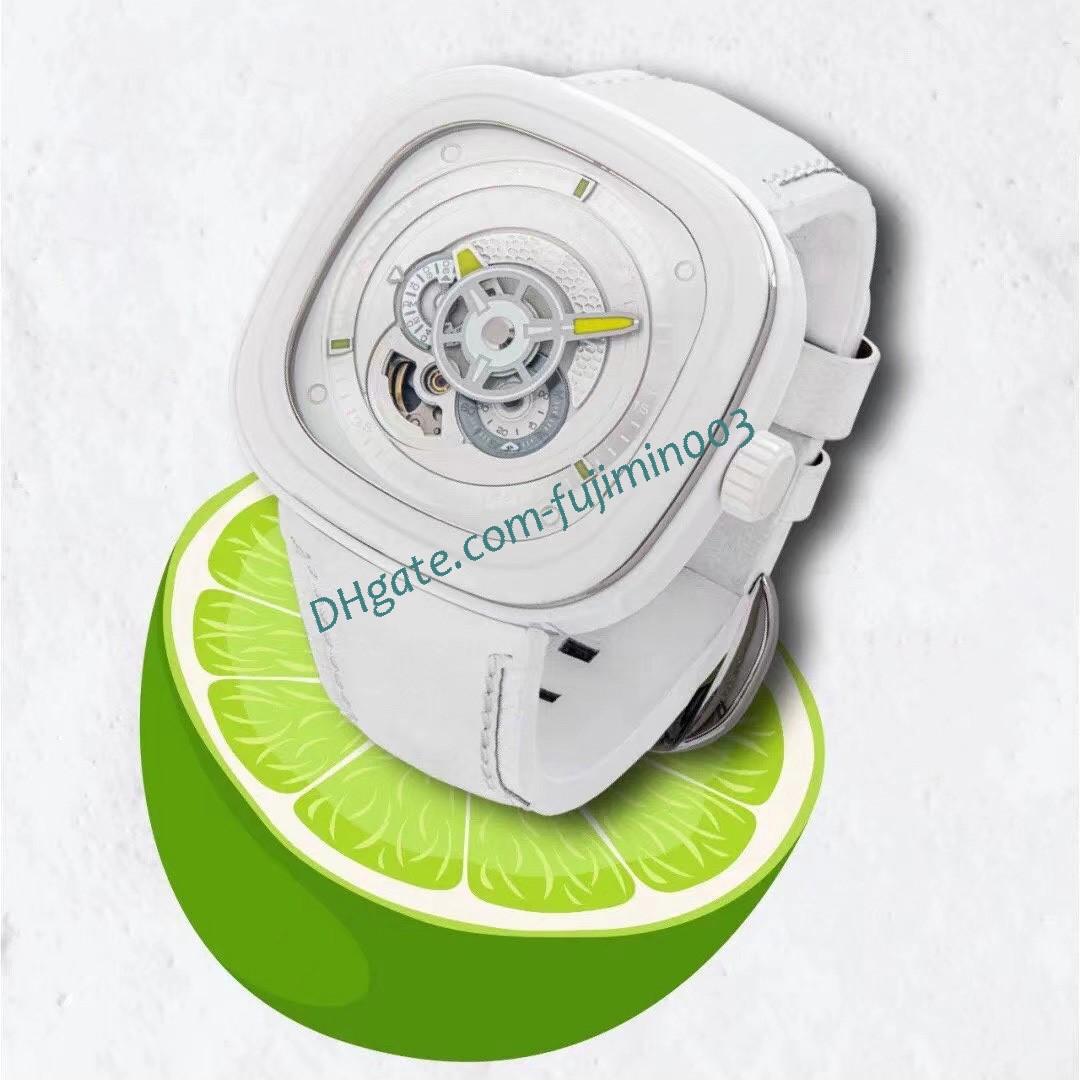 

white leather P1C/04 Green Lemon Automatic Mechanical Men's Watch Luminous 46.7*47mm Miyota CAIPI 10ATM, Rubber