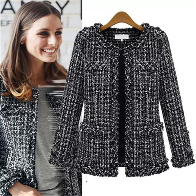 

New Style Womens Jacket Fashion Women Coat Autumn Winter Slim Black White Checkered Tweed Casual Lady Outerwear Plus Size S-4XL