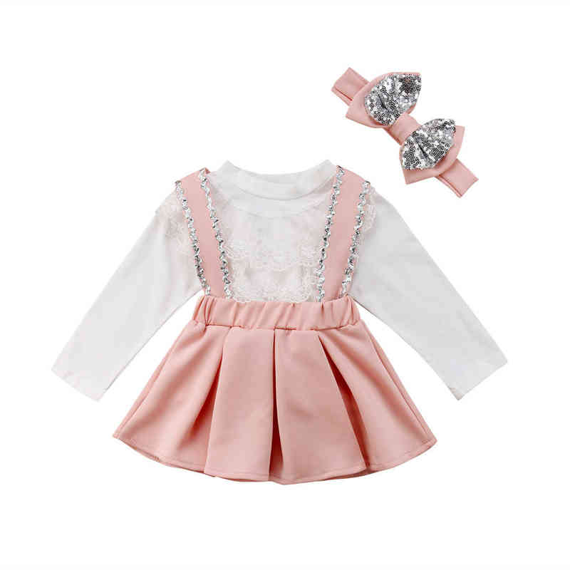 

Citgeett Toddler Kids Girls Lace White Long Sleeve Tops Sequin Strap Pink Skirt 3Pcs Outfits Autumn Set Clothing J220712, Red