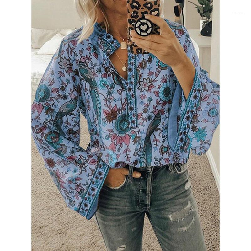 

Women' Blouses & Shirts Plus Size Autumn Chic Women Peacock Floral Print Long Sleeve Casual V-Neck Boho Blouse Tops Female, Blue