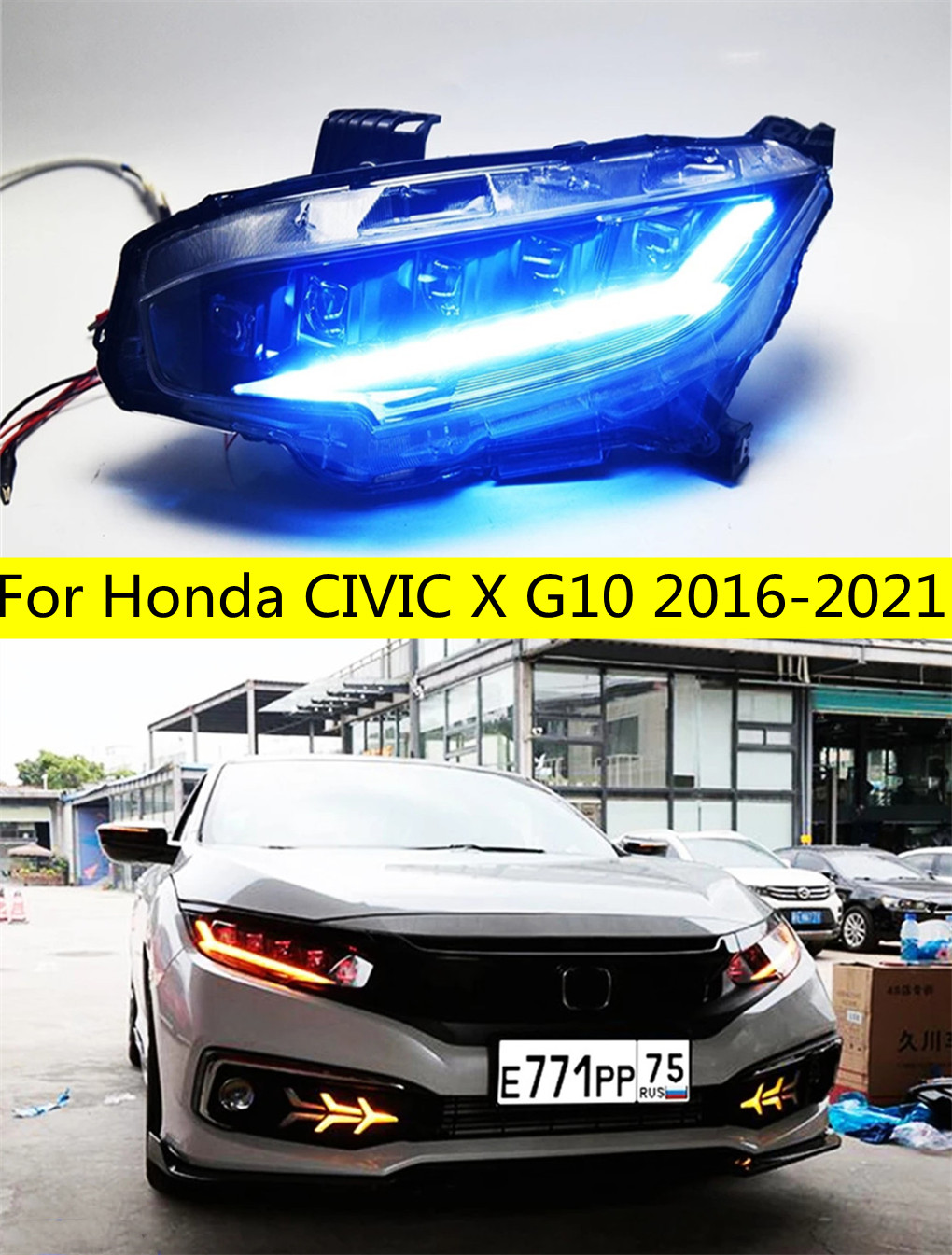 

High Beam Lights For Honda CIVIC X G10 LED Headlight 16-21 DRL+Bi-Xenon Lens Stream Turn Signal Lights