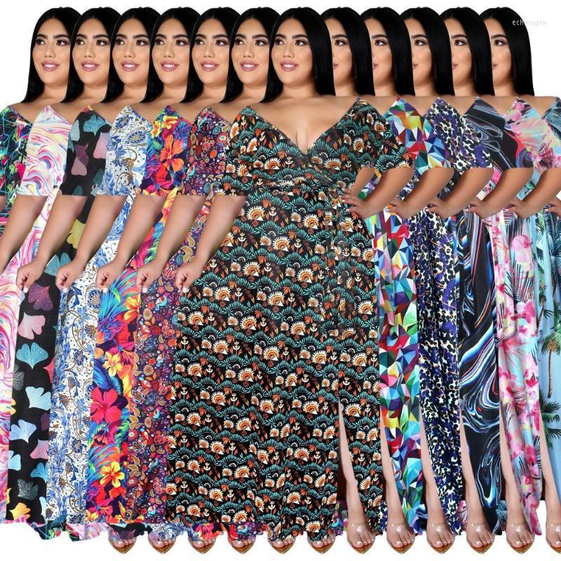 

Plus Size Dresses ZJFZML ZZ Women Clothing Dress Geometric Pattern Short Sleeve High Split Maxi Beach Drop Wholesale Echm22, Blue