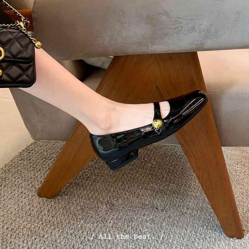 

small gold buckle thick heels one-sided belt shallow mouth round head spring single shoes women, Black 4.5cm