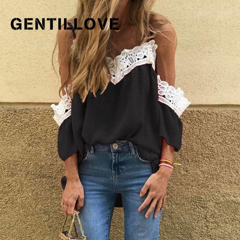 

Gentillove Women Elegant Spaghetti Straps V Neck Lace Patchwork Blouse Sexy Loose Tops Casual Off Shoulder Short Sleeve Shirt Women, Army green