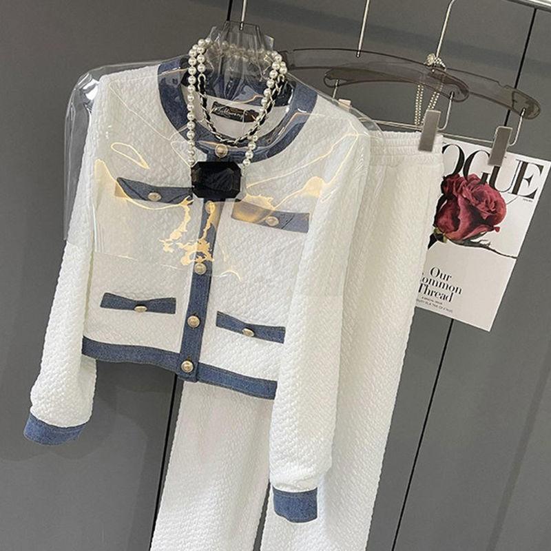 

Women' Two Piece Pants Autumn Korean Color Block Round Neck Double Pocket Cardigan Top Loose Wide Leg Two-Piece Set Women E198Women