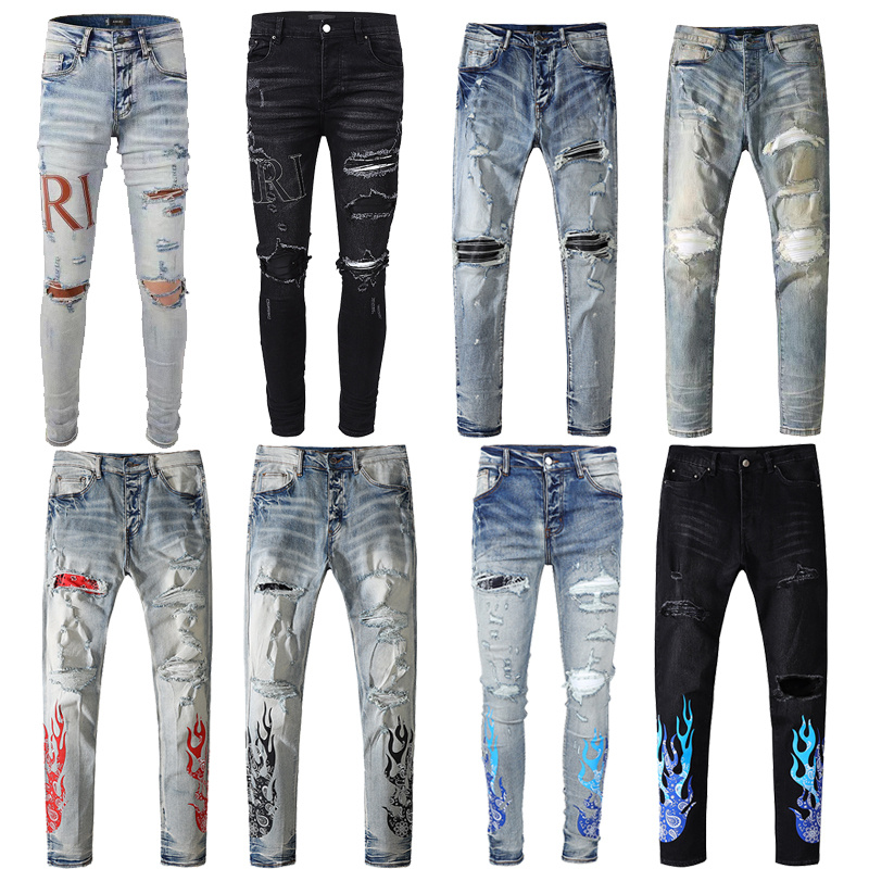 

European and American mens jeans new wash old tie-dye patch water ripple patchwork blue slim fit, Black