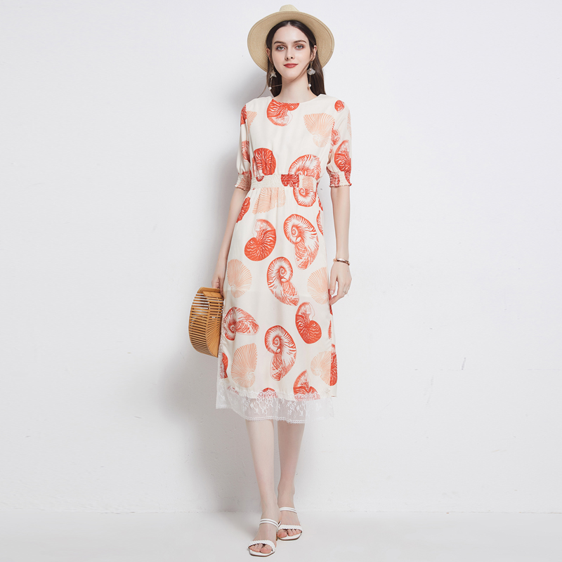 

Short Sleeve Summer Party Printed Dress Woman Designer Holiday Casual Round Neck White Dresses Runway 2022 Women Clothes Milan Style Cute Slim Fit Stylish Midi Frock