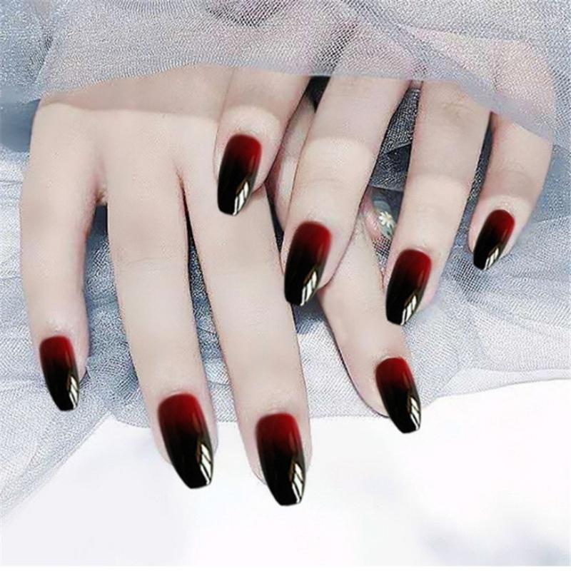 

False Nails 24PCS/box Artificial With Glue Black-Red Gradients Wear Long Paragraph Fashion Manicure Patch Mails Press On Girl Prud22, Style 2