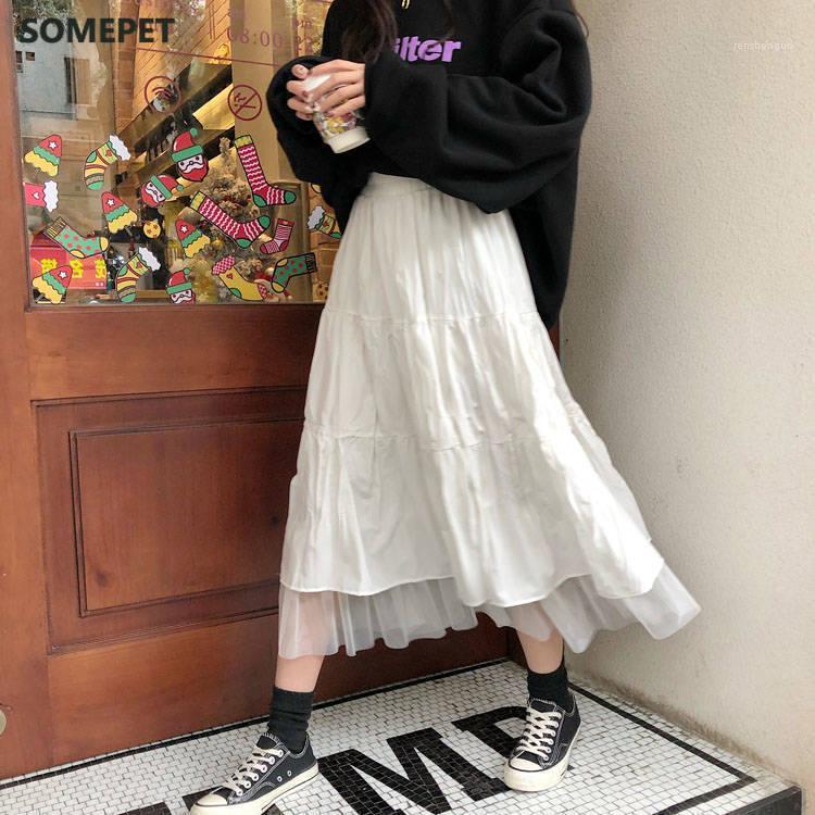 

Long Tulle Midi Skirts Womens 2022 Autumn Elastic High Waist Mesh Tutu Pleated Female Black White Streetwear