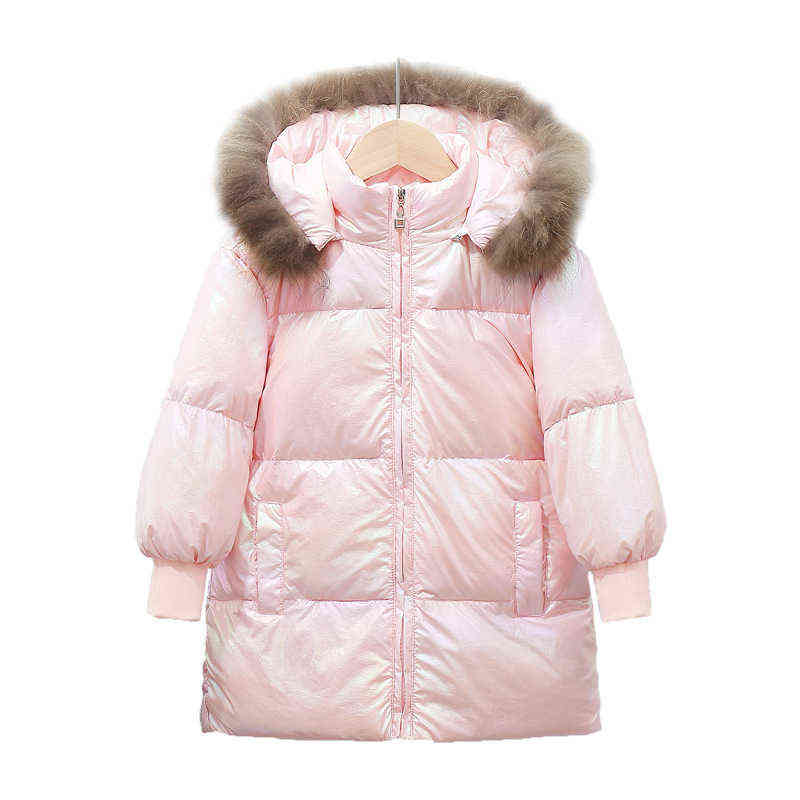 

Children Outerwear Winter Mid-Length Long Fur Collar Hooded Cotton Jacket For Boys And Girls Shiny Thick Warm Jacket For Boys J220718, Pink
