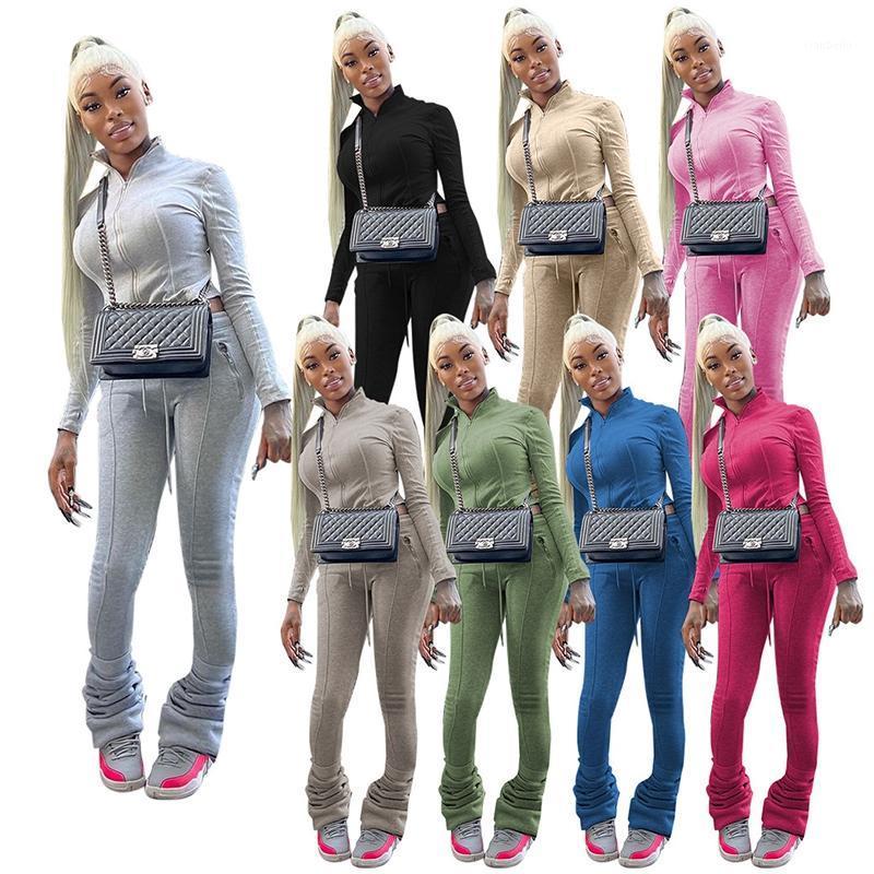 

Women' Two Piece Pants Women Solid Set Autumn Winter Long Sleeve Zipper Track Jacket And Ruched Drawstring Flare 2022 Casual Outfits, Pink