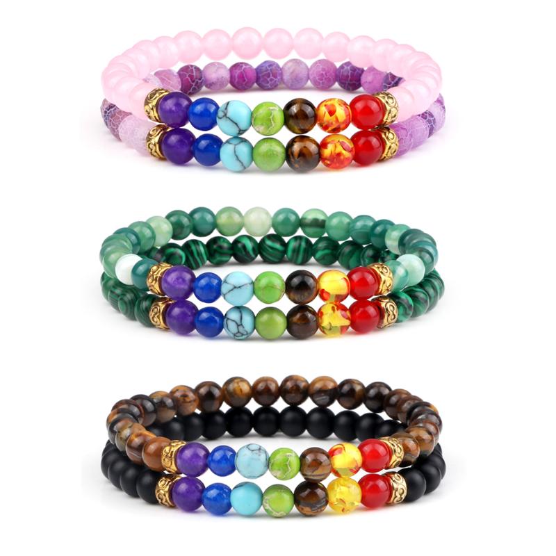 

Beaded, Strands 2Pcs/Set Couple Energy Chakra Beacelet 6MM Onyx Lava Tiger Eye Natural Stone Bangles Jewelry Women Yoga Prayer Chain Gift Fr