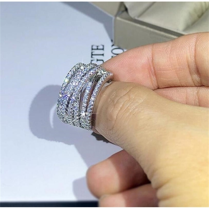 

Luxury Jewelry Silver Color 925 Pave White Sapphire CZ Diamond Gemstones Party Women Wedding Engagement Band Ring 220728