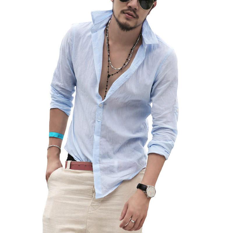 

Men's Casual Shirts Cotton Linen Men Shirt Long Sleeve Summer Style Hawaiian Sexy Slim Fit Clothes Plus Size, Black