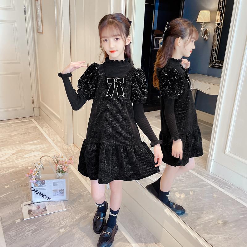 

Girl's Dresses Autumn Winter Girls Black Sequin Puff Sleeve Vest Dress With Bow Ruffle Thicken Princess For 3-12 Years Baby GirlsGirl's