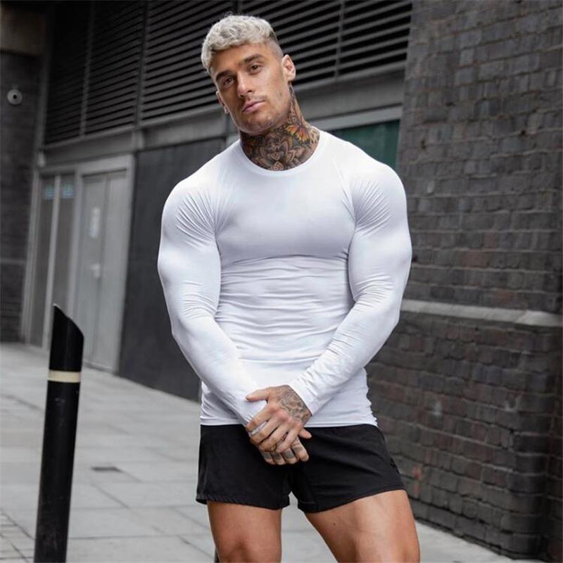 

Men's T-Shirts Autumn Brand Gym Clothing Fitness T-shirt Men Compression Skinny Bodybuilding T Shirt Muscle Long Sleeve Sports Workout Tee, White