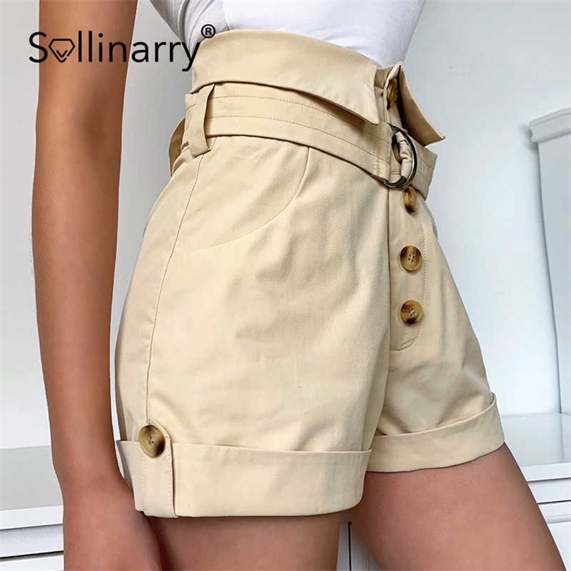 

Sollinarry Casual high waist button women shorts summer Sash solid high street shorts Fashion office lady female outfit drape 210709, Khaki