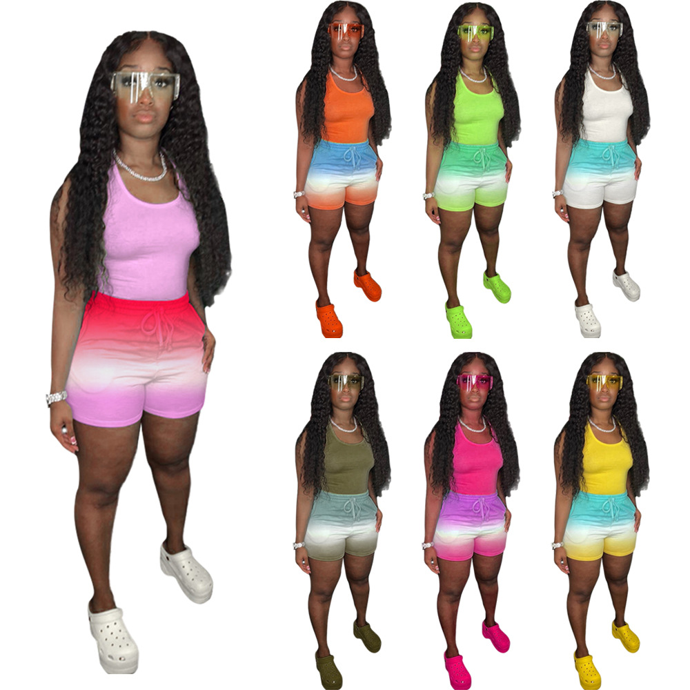 

2022 Women Tracksuits Designer 2 Two Piece Shorts Set Clothes Sport Vest Gradient Outfits Jogging Biker Suits Tie Dye Ladies Casual Plus Size Clothing, Orange