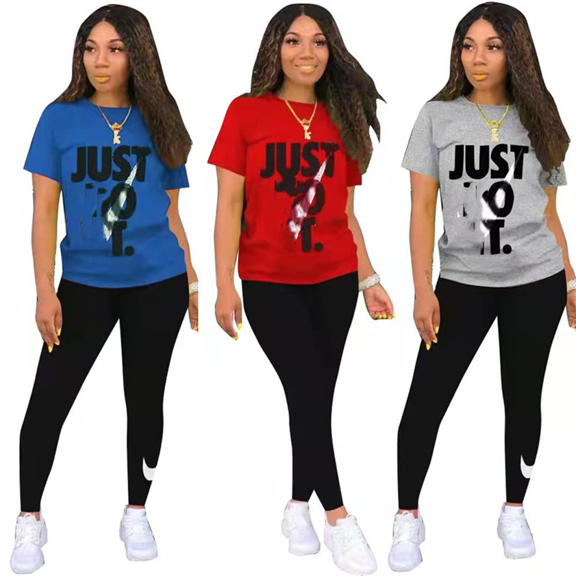 

Spring Fall Cotton Jogger Set Desinger Brand Two Piece Pants Tracksuits Letter Print Short Sleeve T-shirt Leggings Casual Running Outfits Plus Size 2XL 7103-1, Mix colors
