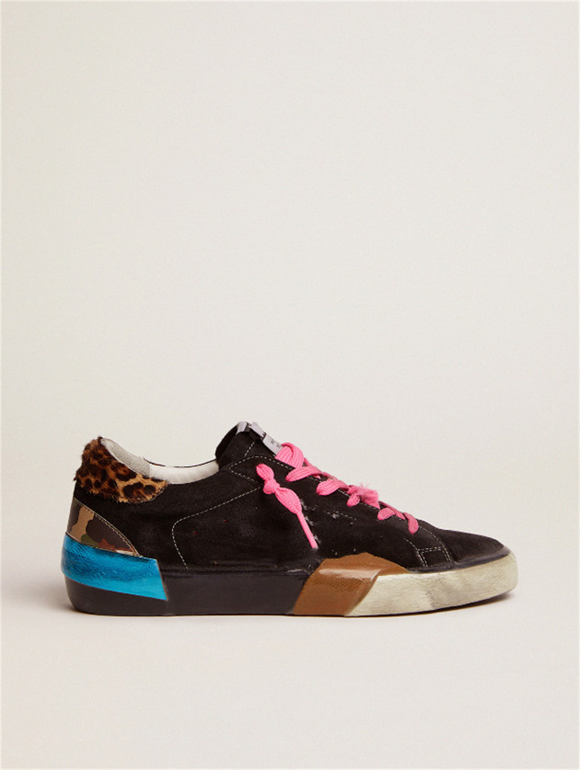 

Sole Heel Dirty Shoes Designer Luxury Italian Vintage Handmade Super-Star Sneakers Fox and Leopard Pony Leather Black, High quality laces