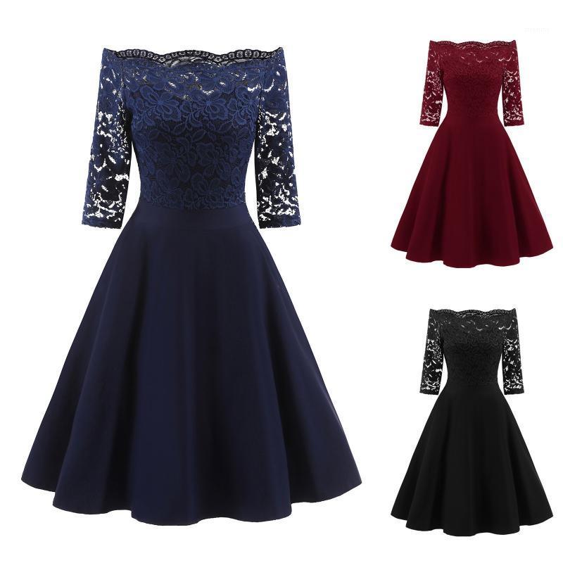 

Casual Dresses Women' Elegant Lace Dress Half Sleeve Slash Neck Robe Vintage Sexy Off Shoulder Wedding Party 50s 60s Women, Red