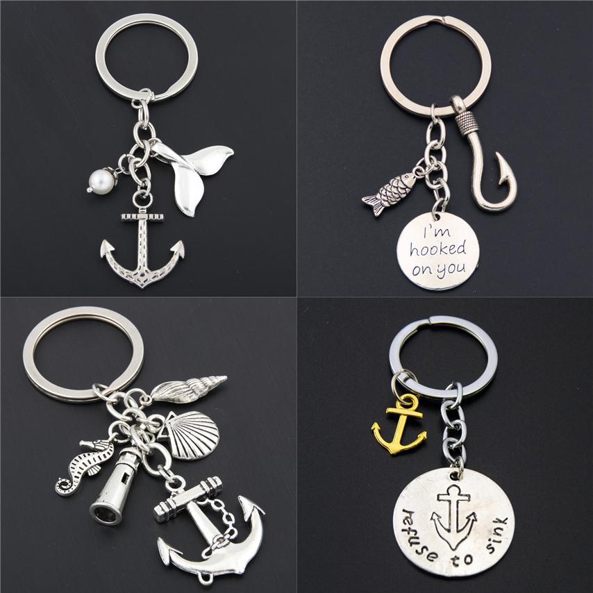 

Fish Hook Fishing Keychains Beach Fish Keyring Anchor Lighthouse Charms Summer Jewelry Gift175p