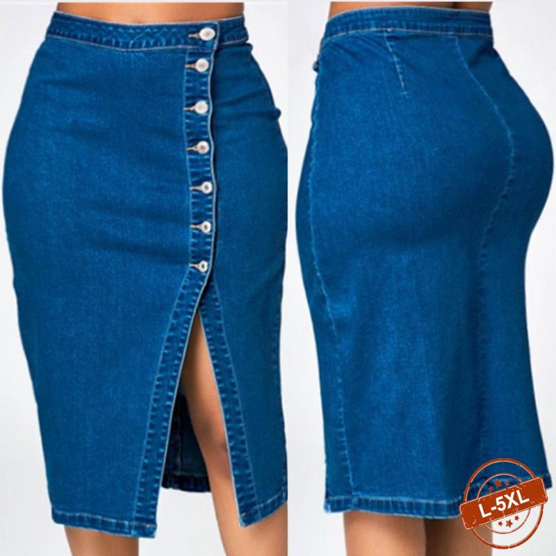 

Skirts High Waist Denim Skirt Buttons Classic Jean Women Long Vintage Slim Casual Straight Split A-line Pencil 5XL, Deep blue