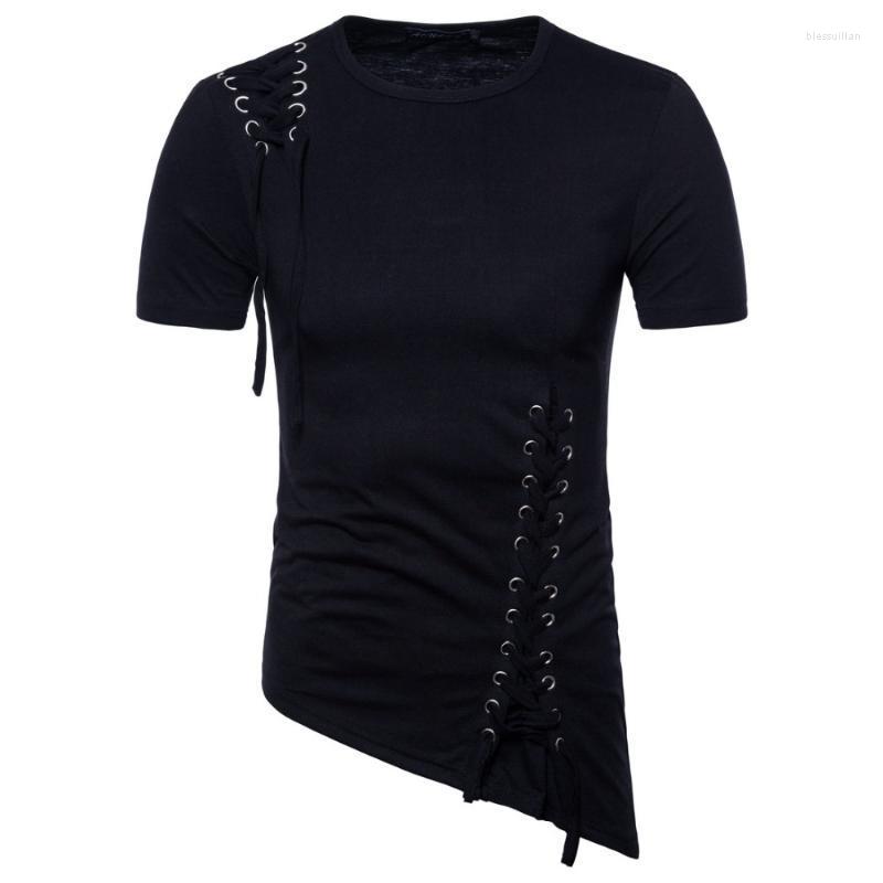 

Men' T-Shirts Men Irregular Design Hip Hop Punk T Shirt Tops Lacing Slim Fit Tee Shirts Gothic Style Nightclub Stage CostumeMen' Bles22, Beige
