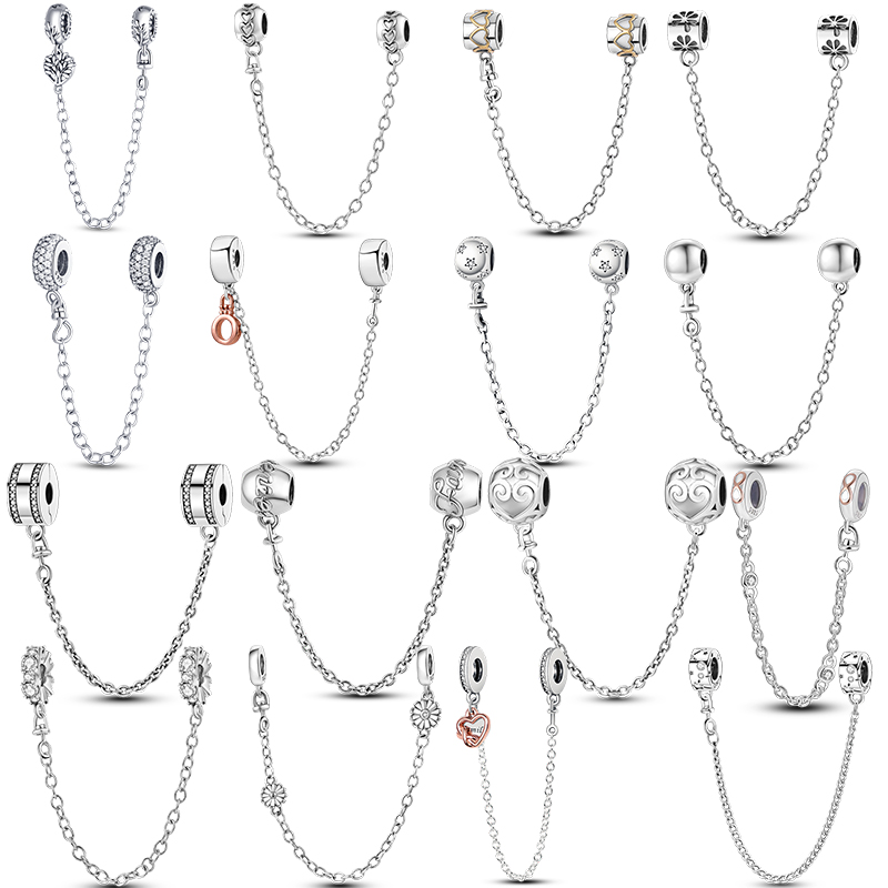 

925 Sterling Silver Pendant Charms for Pandora Original box Heart Safety Chain European Bead Charms Bracelet Necklace