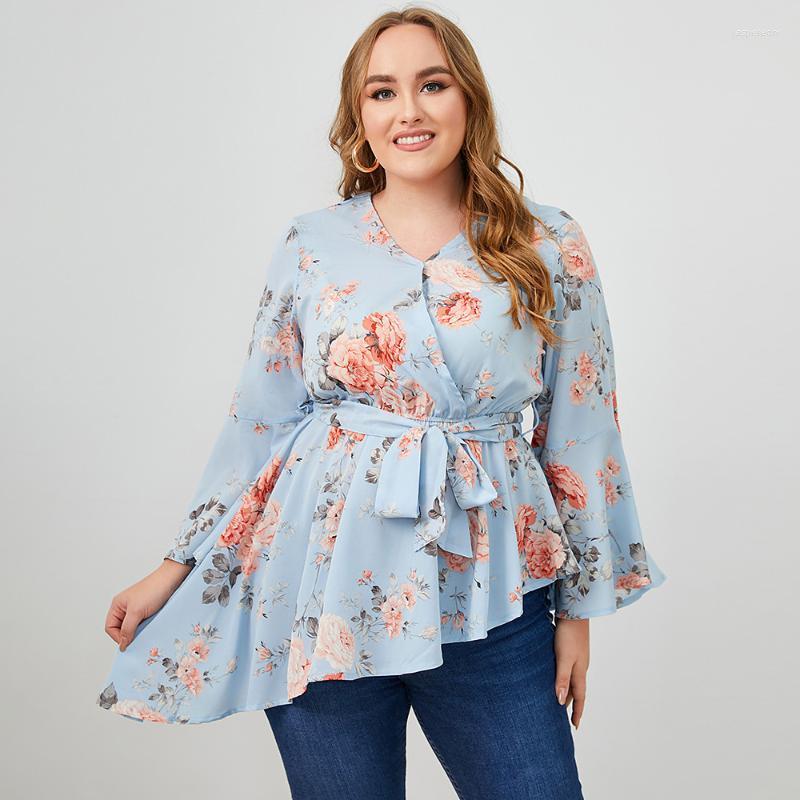 

Women's Plus Size T-Shirt Tops Women Summer V Neck Long Sleeve Floral Print Casual Blouse Shirt Big Irregular Ladies TopsWomen's Jasp22, Blue