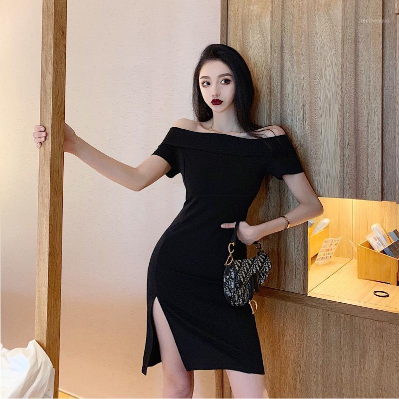 

Casual Dresses 501 # Spot To Make Video Summer Dew Shoulder One Word Led Show Temperament Of Thin Black Dress Pure Color, See chart