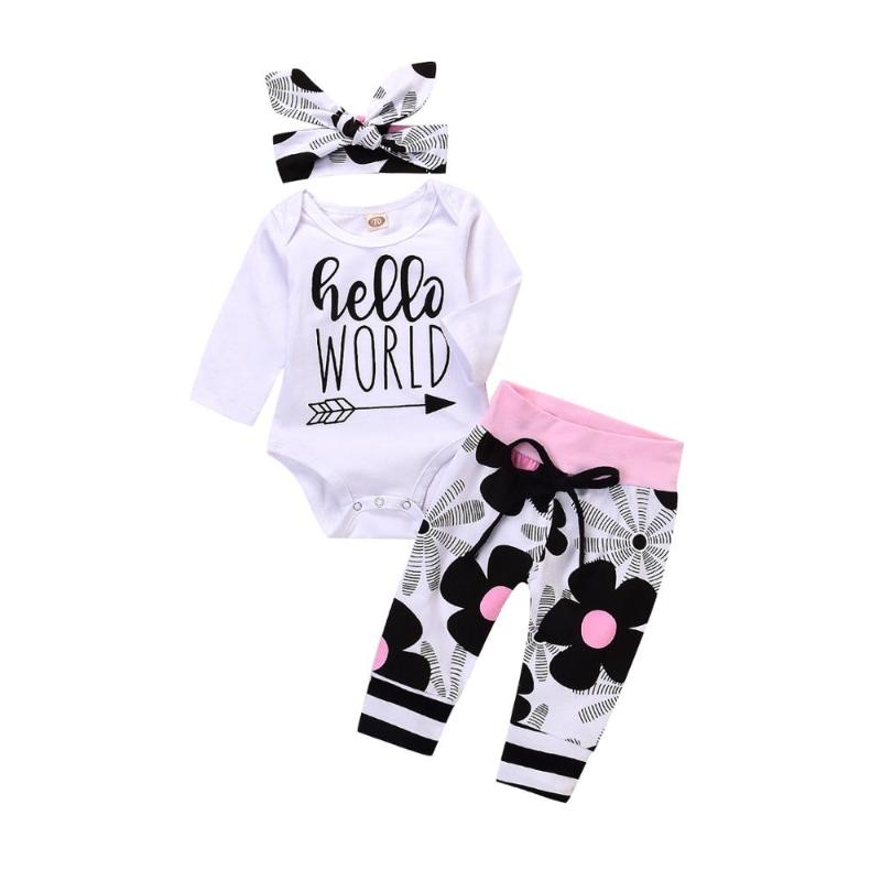 

Clothing Sets Born Baby Girl Clothes Letter Printed Hello World Tops Romper Floral Pants Hat 3PCS Infant Boy Outfit SetsClothing