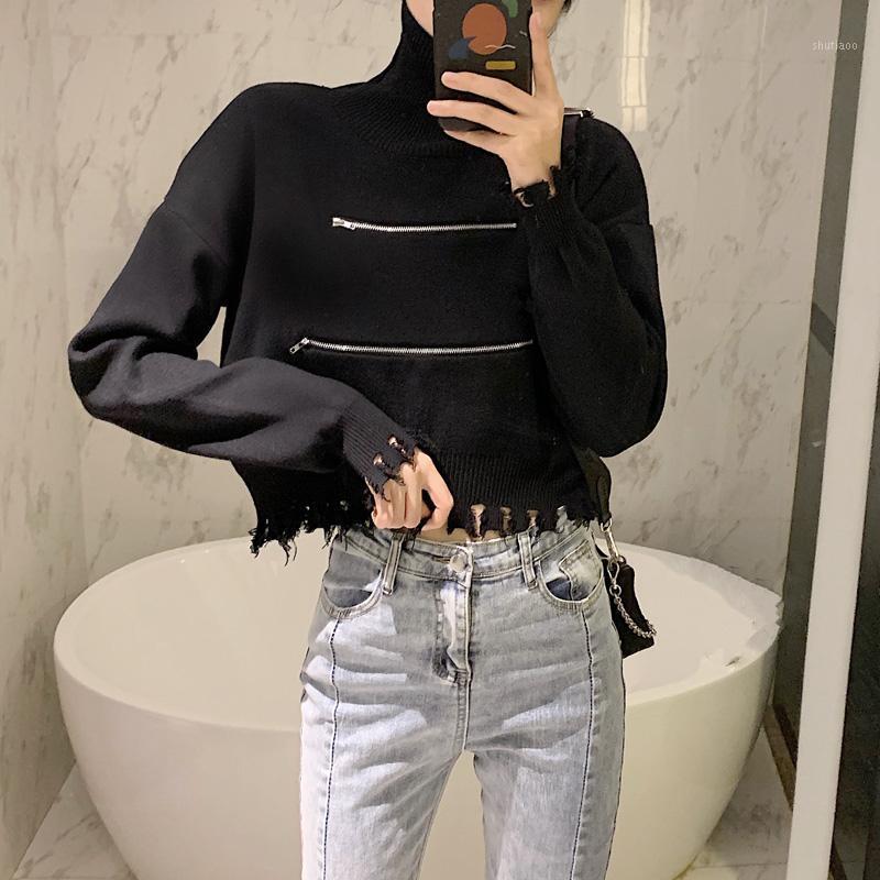 

Women's Sweaters Spring Autumn Korean Chic Lady Short Sweater Women Zipper Turtleneck Pullovers Knitted Tassel Pull Femme Sueter Mujer, Black
