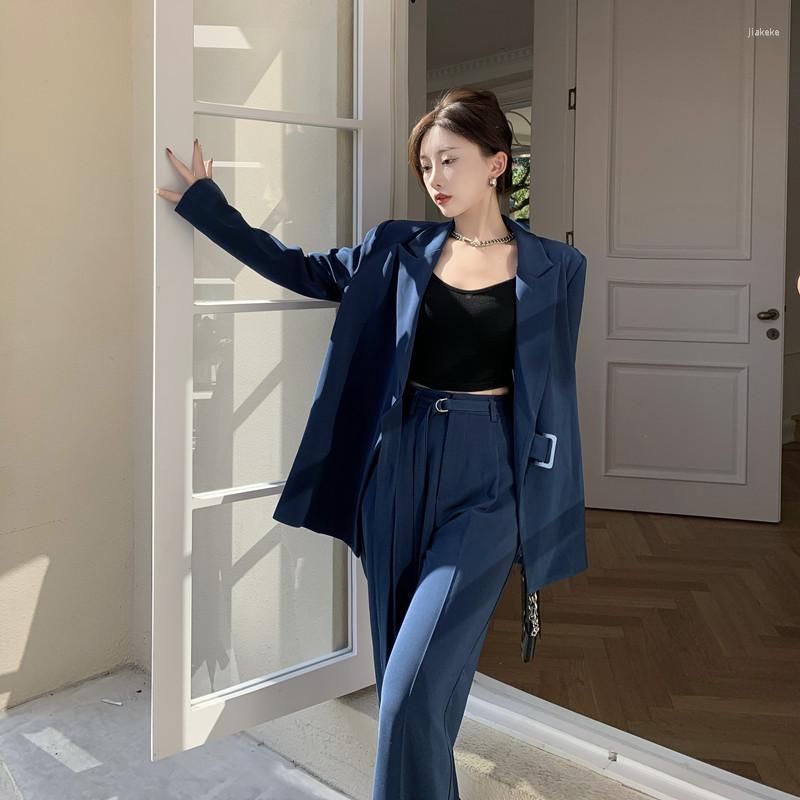 

Women' Two Piece Pants 2022 Design Lace-up Solid Royal Blue Suit Blazer Jacket Wide-leg Two-piece Set Women Chic, Blue set