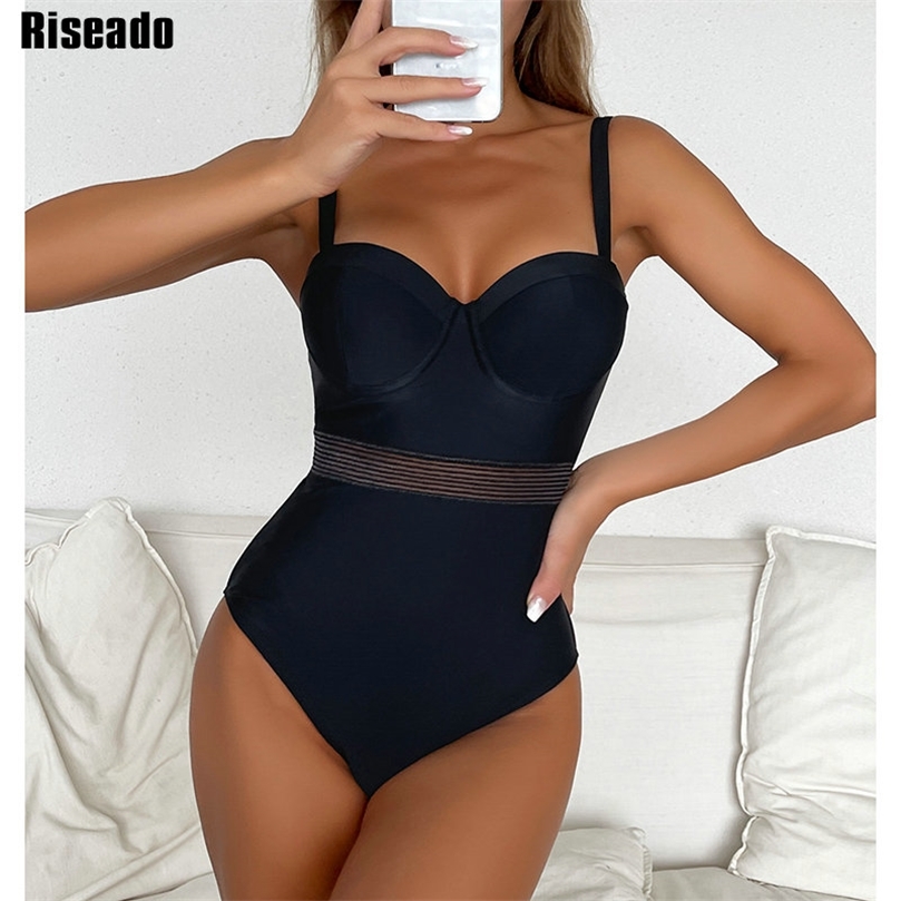 

Riseado Sexy Push Up Swimsuit Women's Swimwear Mesh Insert Bathing Suits Black Swimming Suit for Women Bodysuit 220401