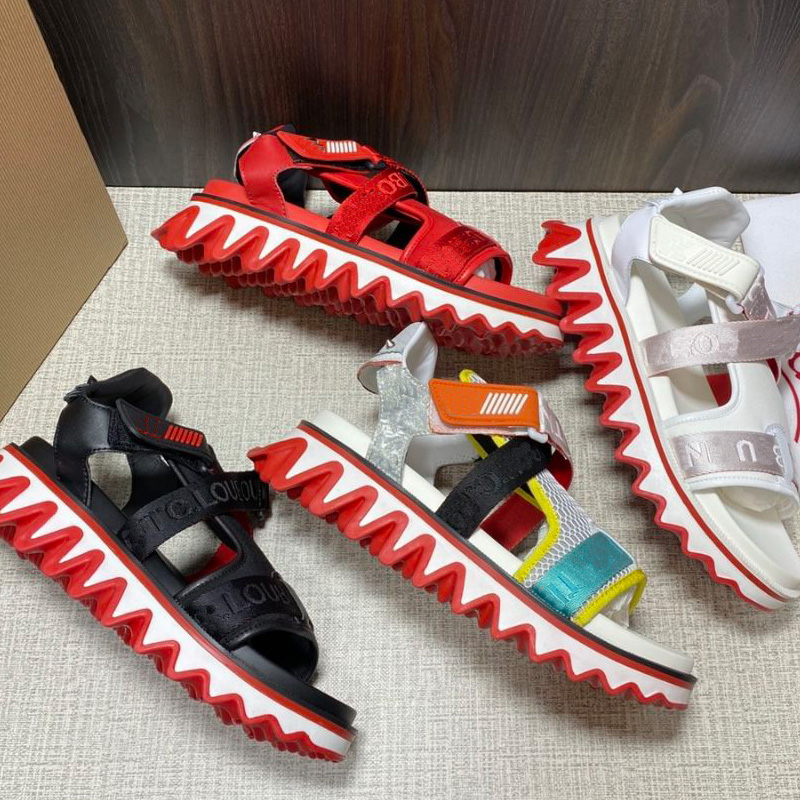 Mens Red Wavy Bottoms Sandals Genuine Leather Sandales Platform Shoe Round Toe Velcro Casual Shoes Comfortable Elastic Sole Summer Sandals High Q