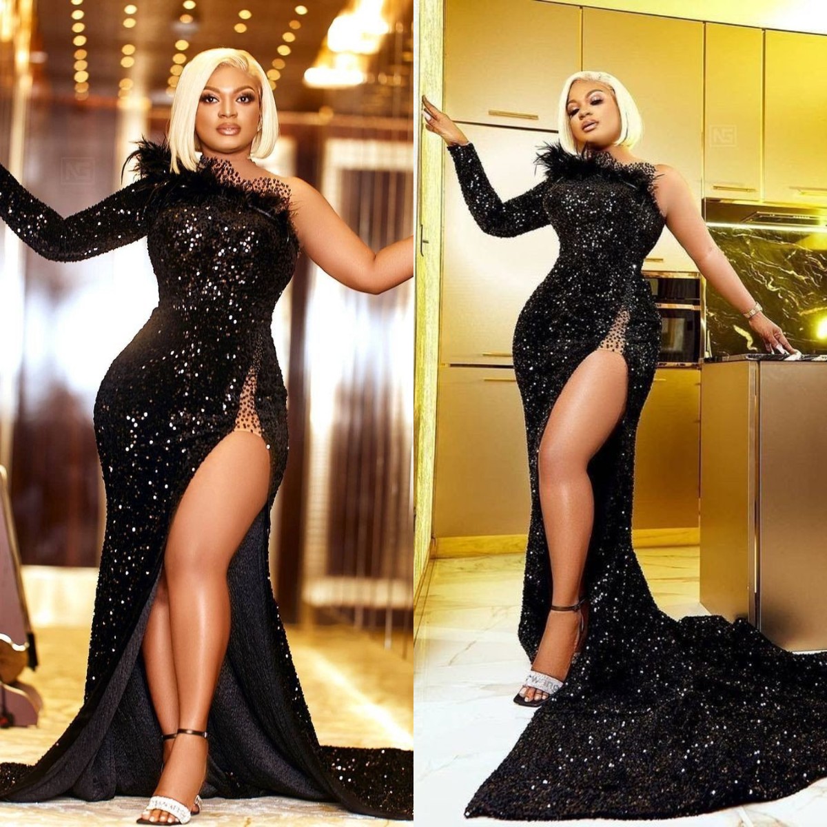 

Black Sequin Evening Dresses for Women 2022 Elegant Prom Dress One Shoulder Beading Side Split Mermaid Party Outfits, Blue