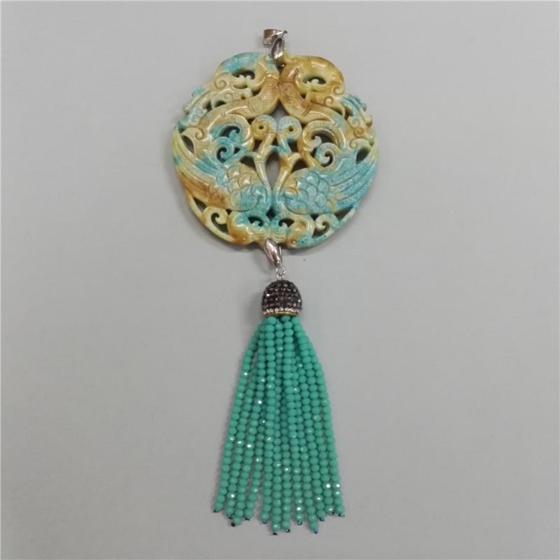 

Pendant Necklaces Charms Classic Traditional Chinese Ancient Vintage Pattern Yellow Stone Mint Green Beaded Tassel Hematite Chain NecklacePe
