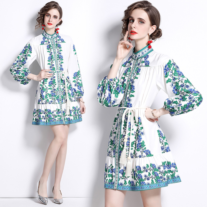 

2022 Lantern Sleeve Retro Print Dress Mock Neck Woman Designer Long Sleeve Runway Slim A-Line Floral Mini Dresses Spring Autumn Women Clothes Sweet Bow Lace Up Frock