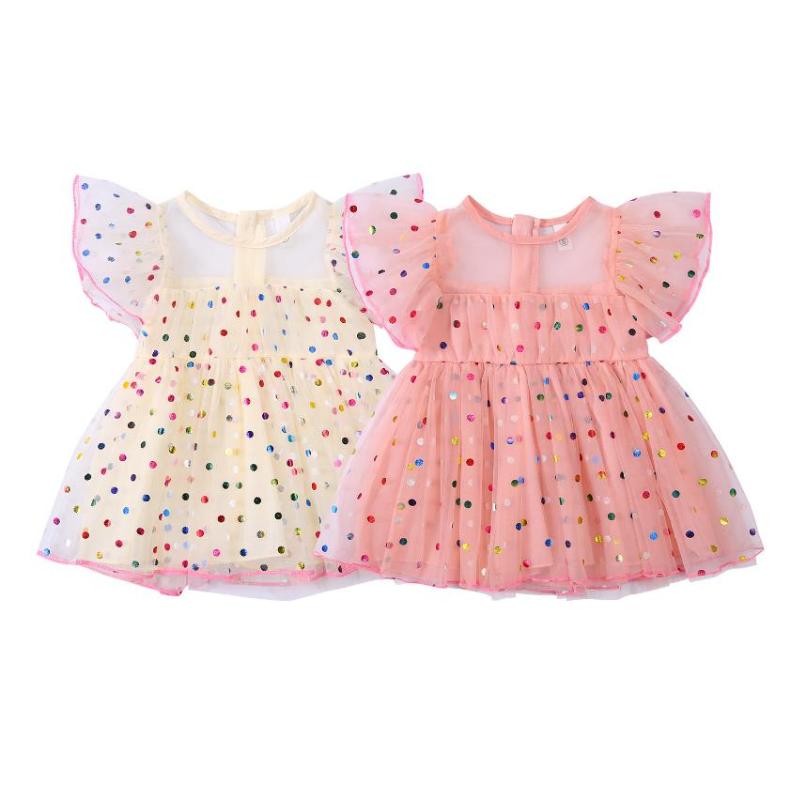 

Girl's Dresses Summer Baby Girls Short Sleeve Mesh Dress With Colorful Polka Dot Pattern Printing Ruffle Decoration DressesGirl's, Beige