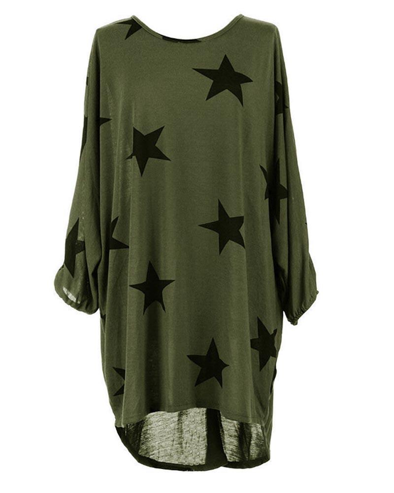 

Women' Blouses & Shirts Hitmebox Fashion Womens Star Prints 3/4 Sleeve Crew Neck Casual Loose Long Tunic Tops Ladies Baggy Beach Style Blou, Black