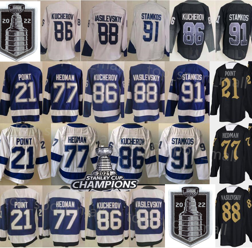 

2022 Stanley Cup Final Hockey 91 Steven Stamkos Jerseys 21 Brayden Point 77 Victor Hedman 86 Nikita Kucherov 88 Andrei Vasilevskiy Reverse Retro Champions Stadium, Gasparilla